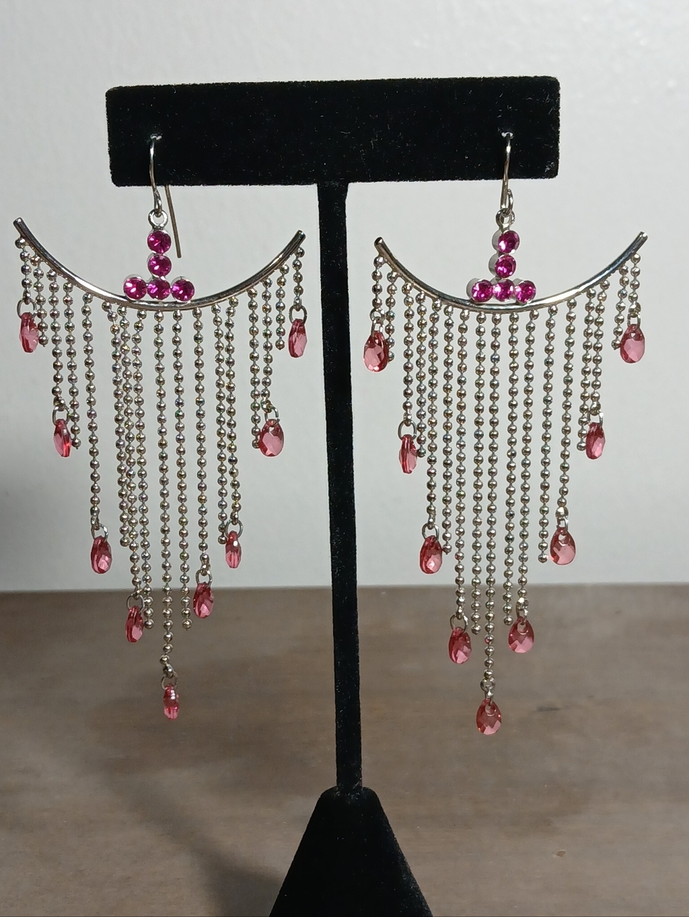 Chandelier Dangle Earrings With Pink Rhinestones And Beads